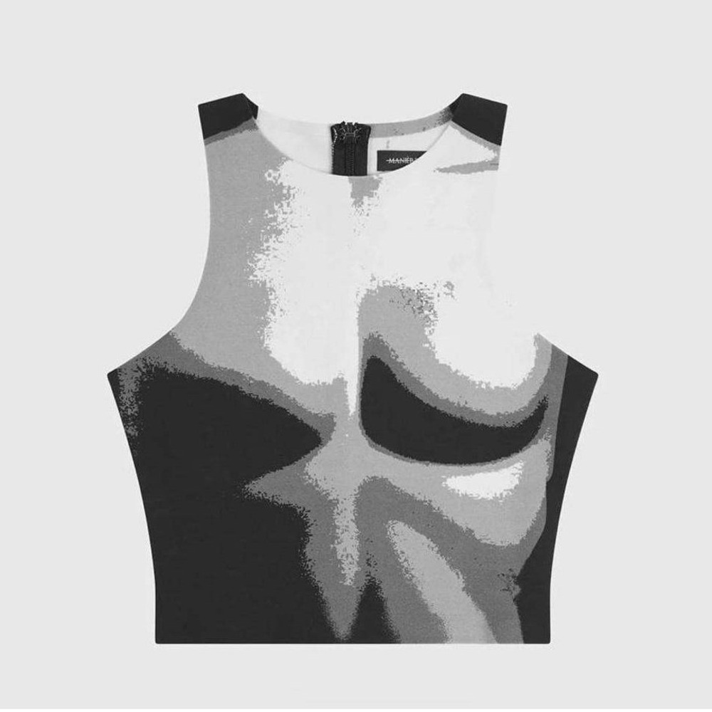 Maniere De Voir Crop Top Size 8 US Black Grey Abstract Graphic Print Art Skull